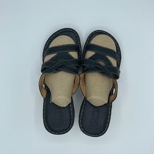 Born Women size 7 Black Leather Slip On Open Toe open heel crisscross Wedges